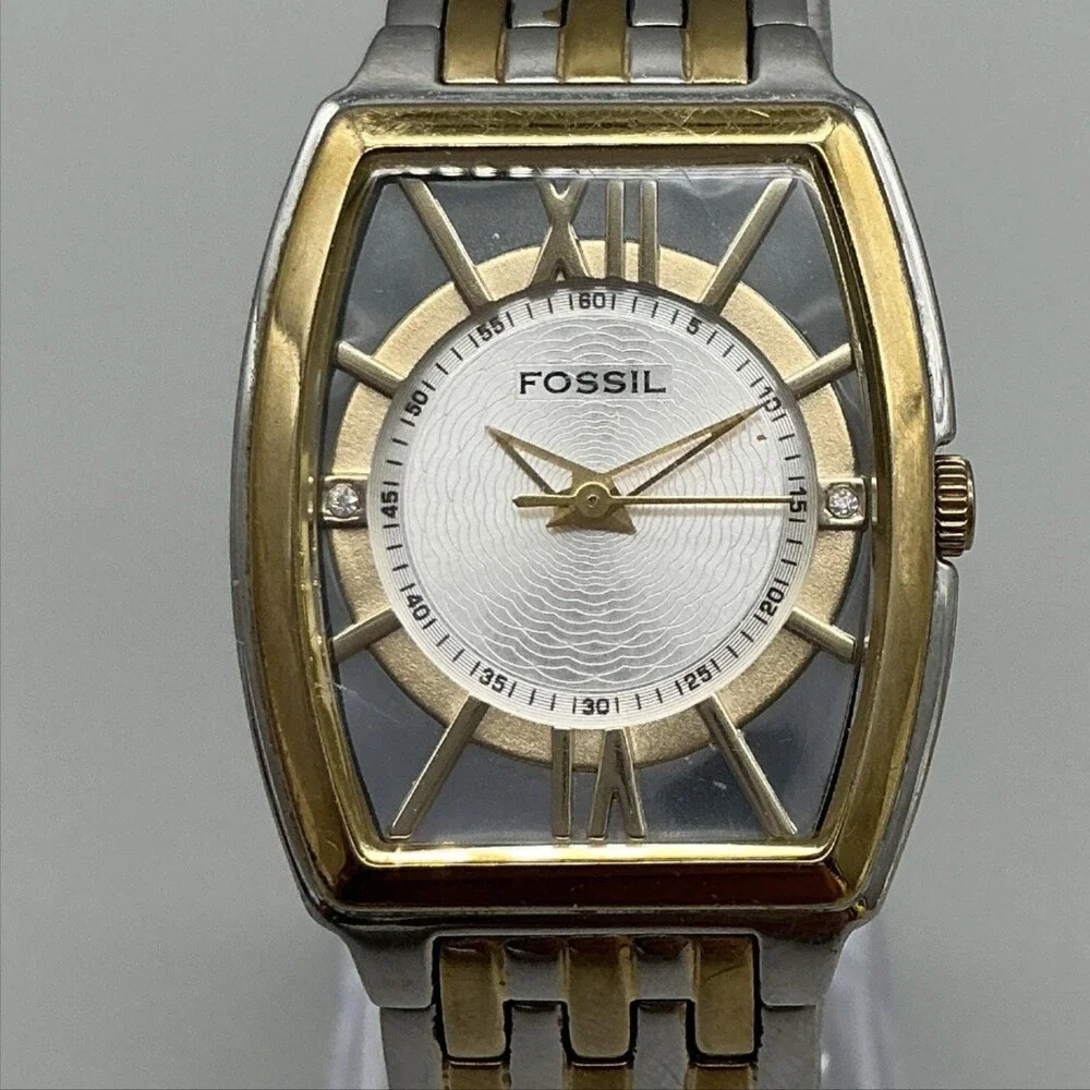 Fossil F2 ES-1414 Womens Watch 27mm Silver Gold Tone Stainless New Battery 6.75